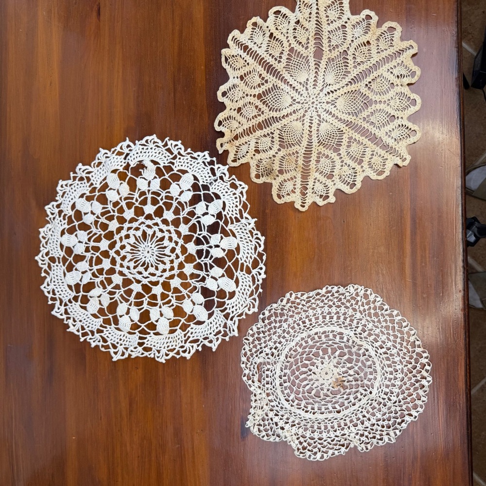 Vintage Handmade Crochet Doilies Set of 3 Cream Lace Floral Round Junk Journal